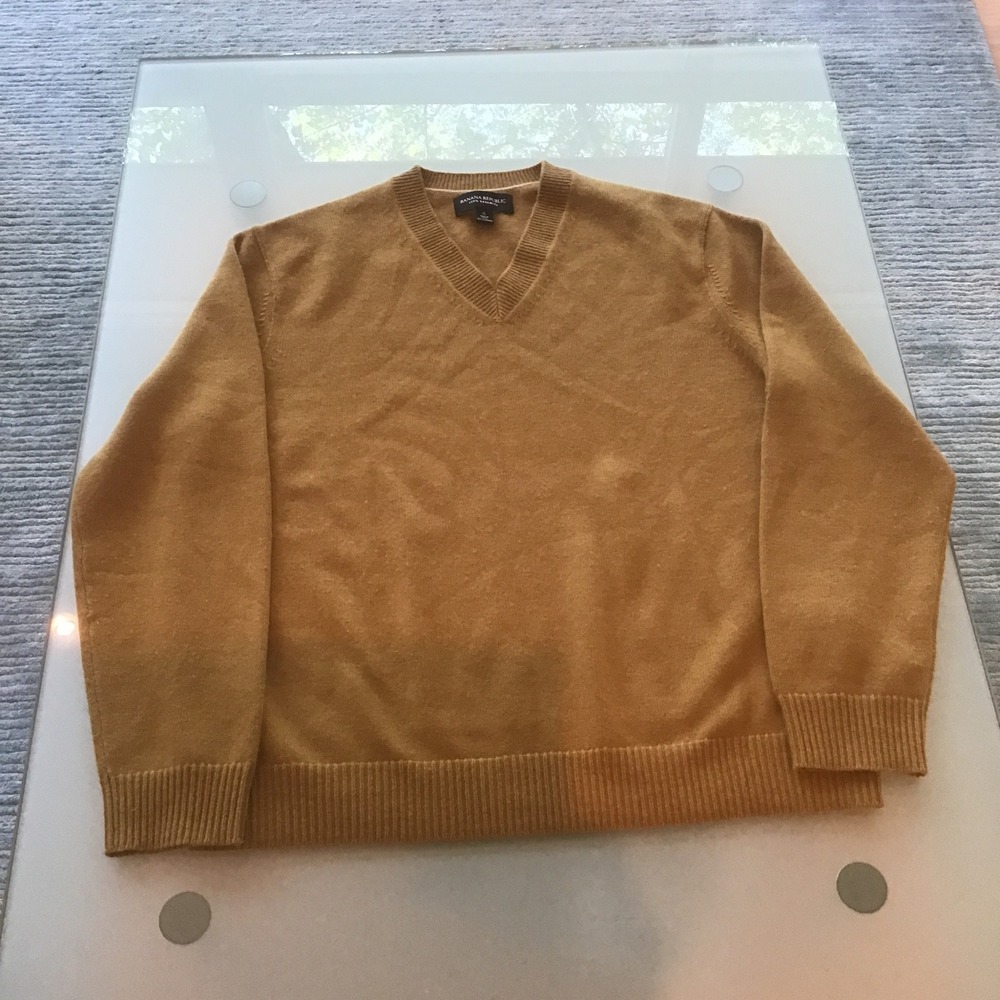 Banana Republic Amalfi 100% Cashmere V-Neck Sweater Camel Warm Brown Pullover XL